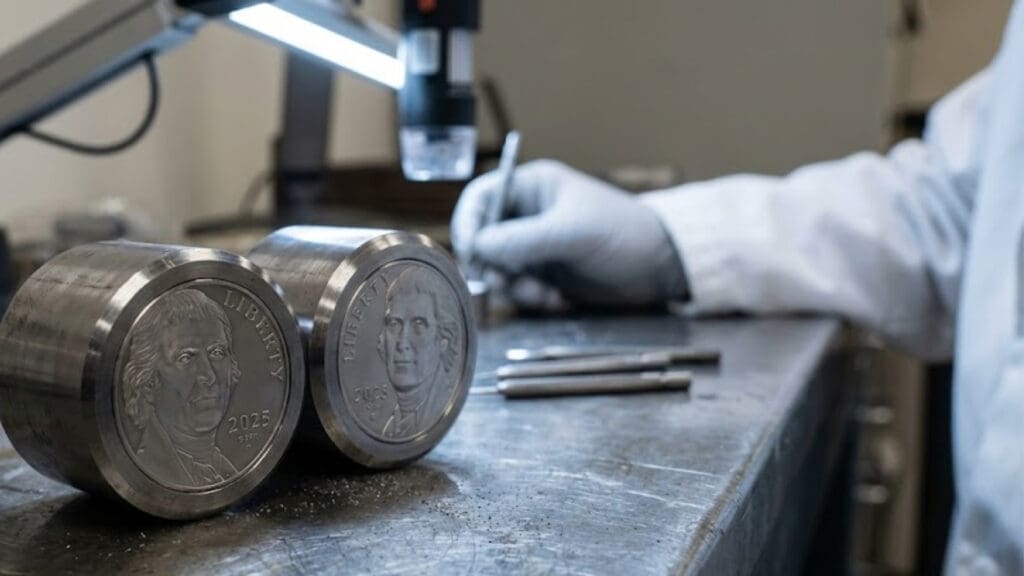 Engraved steel dies for bullion coin production.