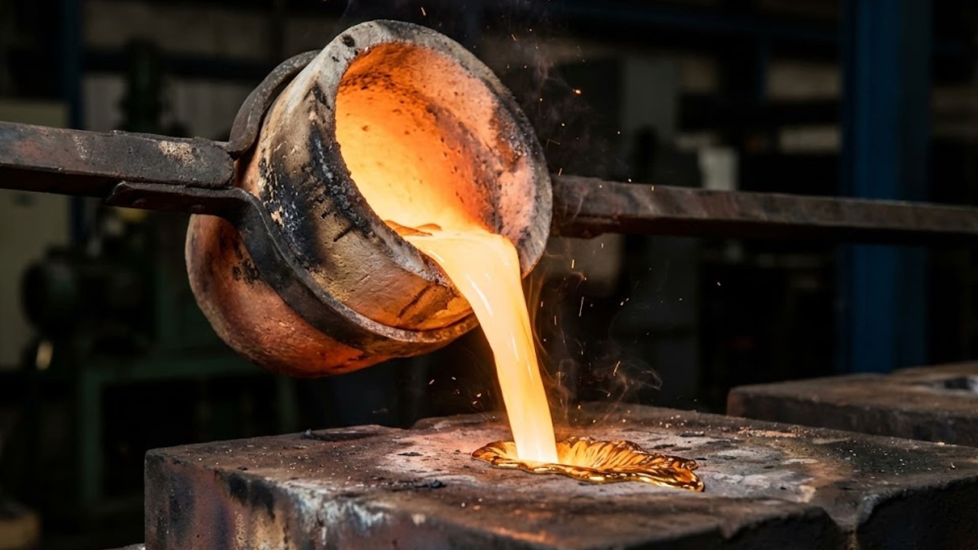 Precious metals refined assayed certified process with molten gold being poured