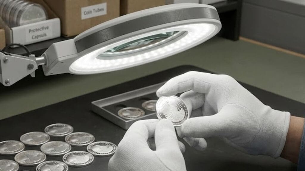 Mint technician inspecting freshly struck bullion coins