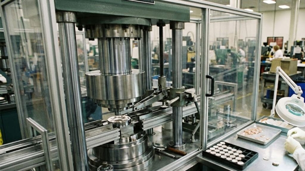 The minting floor where edges finishes and relief take shapeMint machinery used for shaping edges and finishes
