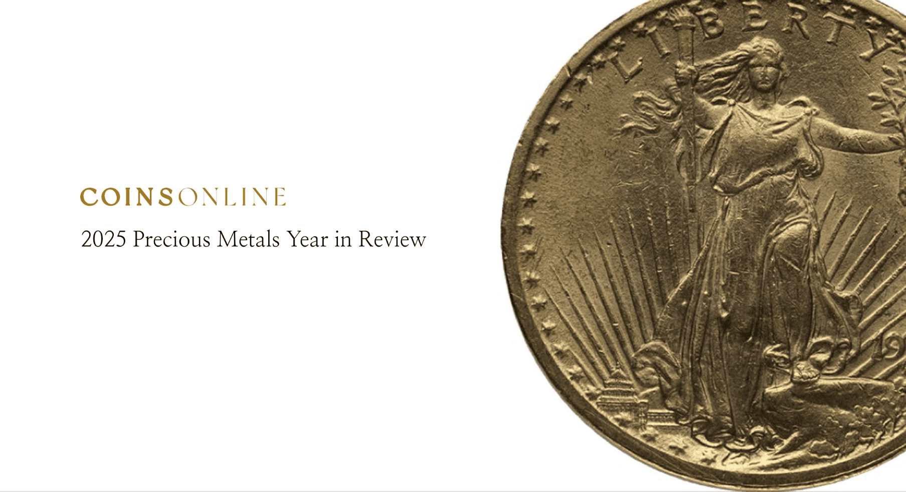 2025 Precious Metals Year in Review cover featuring classic gold coin design from Coins Online