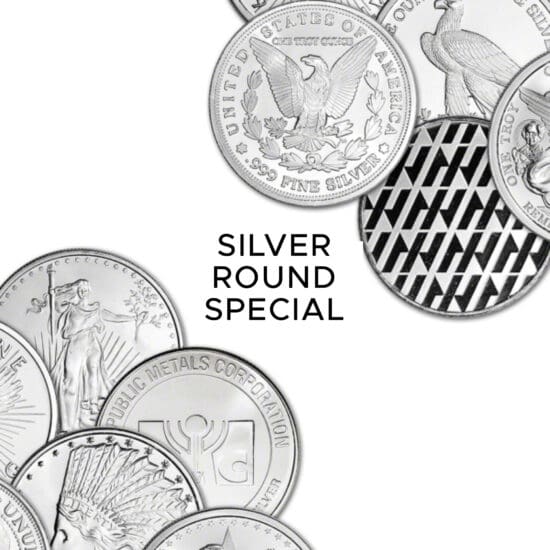 silver round special with assorted one ounce silver round designs displayed