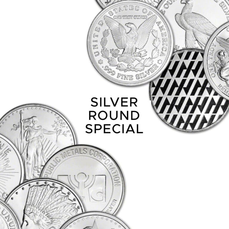 silver round special with assorted one ounce silver round designs displayed