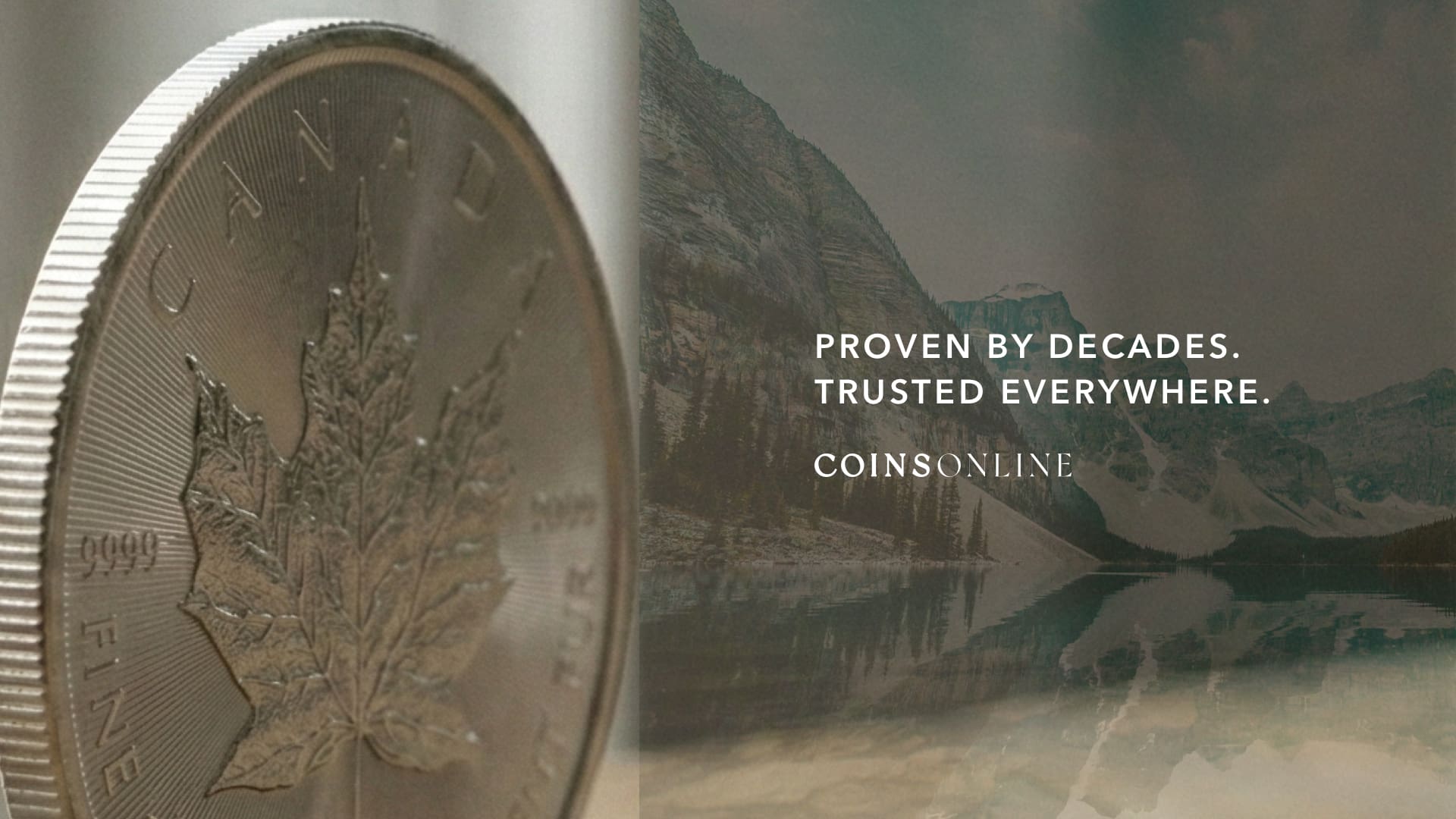 Silver Canadian Maple Leaf coin with radial lines and mountain reflection