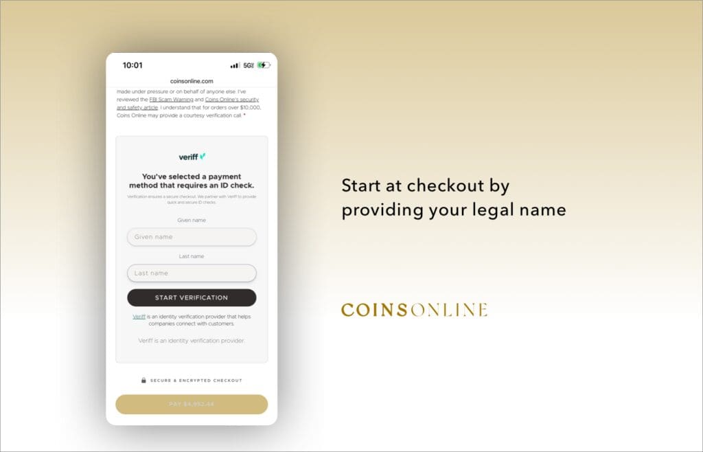 Getting verified with Veriff at Coins Online checkout by entering your legal name to begin secure identity verification