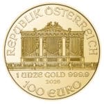 2026 Austrian Gold Philharmonic 1 oz coin obverse showing the Great Organ of the Vienna Musikverein and 100 Euro denomination