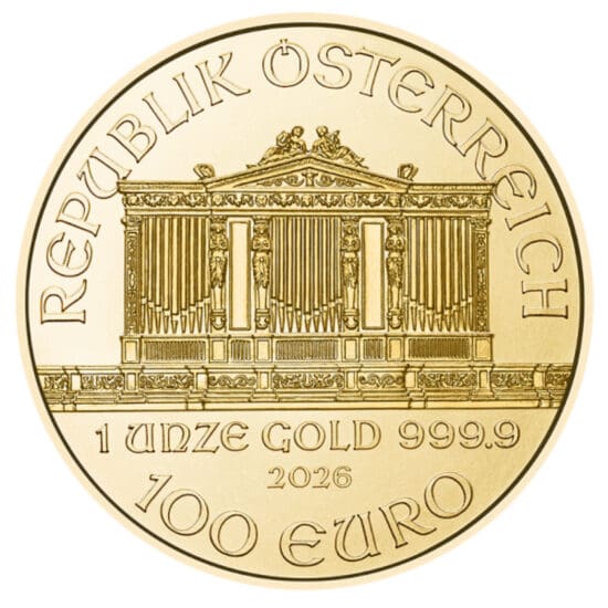 2026 Austrian Gold Philharmonic 1 oz coin obverse showing the Great Organ of the Vienna Musikverein and 100 Euro denomination