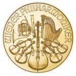 2026 Austrian Gold Philharmonic 1 oz coin reverse featuring orchestral instruments including violin, harp, cello and horn