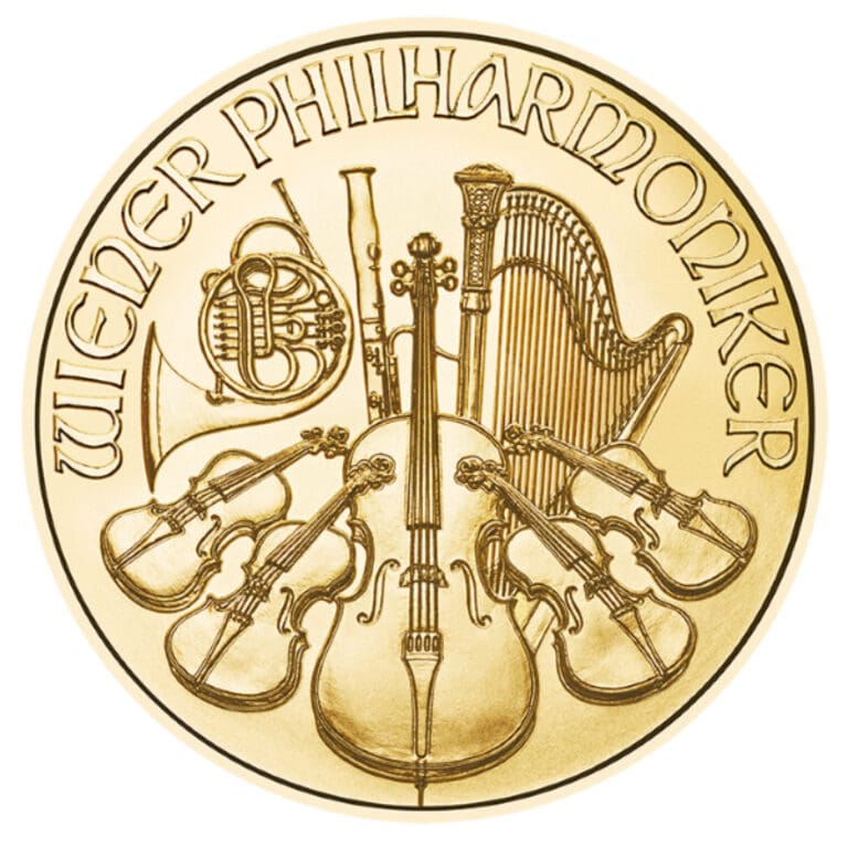 2026 Austrian Gold Philharmonic 1 oz coin reverse featuring orchestral instruments including violin, harp, cello and horn