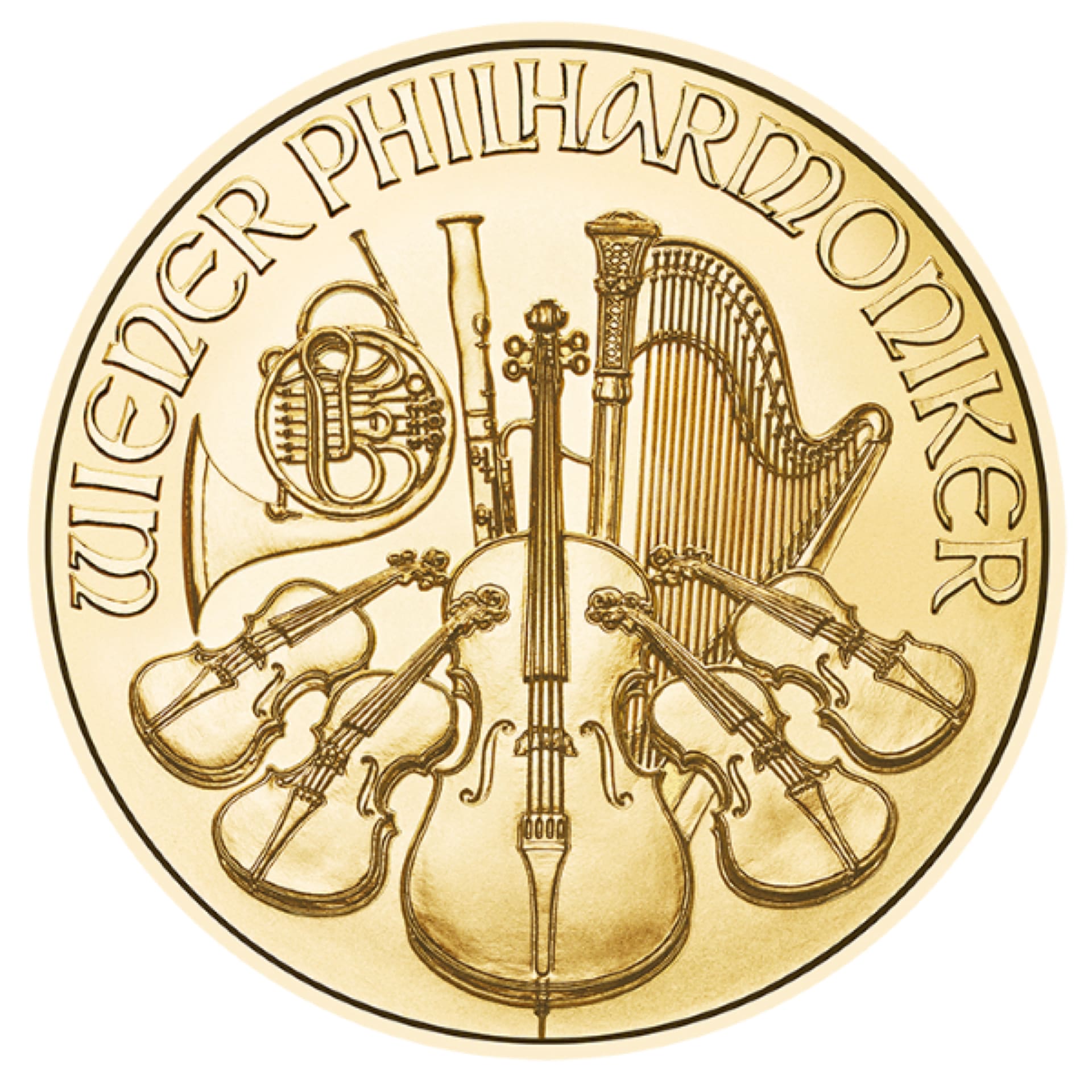 2026 Austrian Gold Philharmonic 1 oz coin reverse featuring orchestral instruments including violin, harp, cello and horn