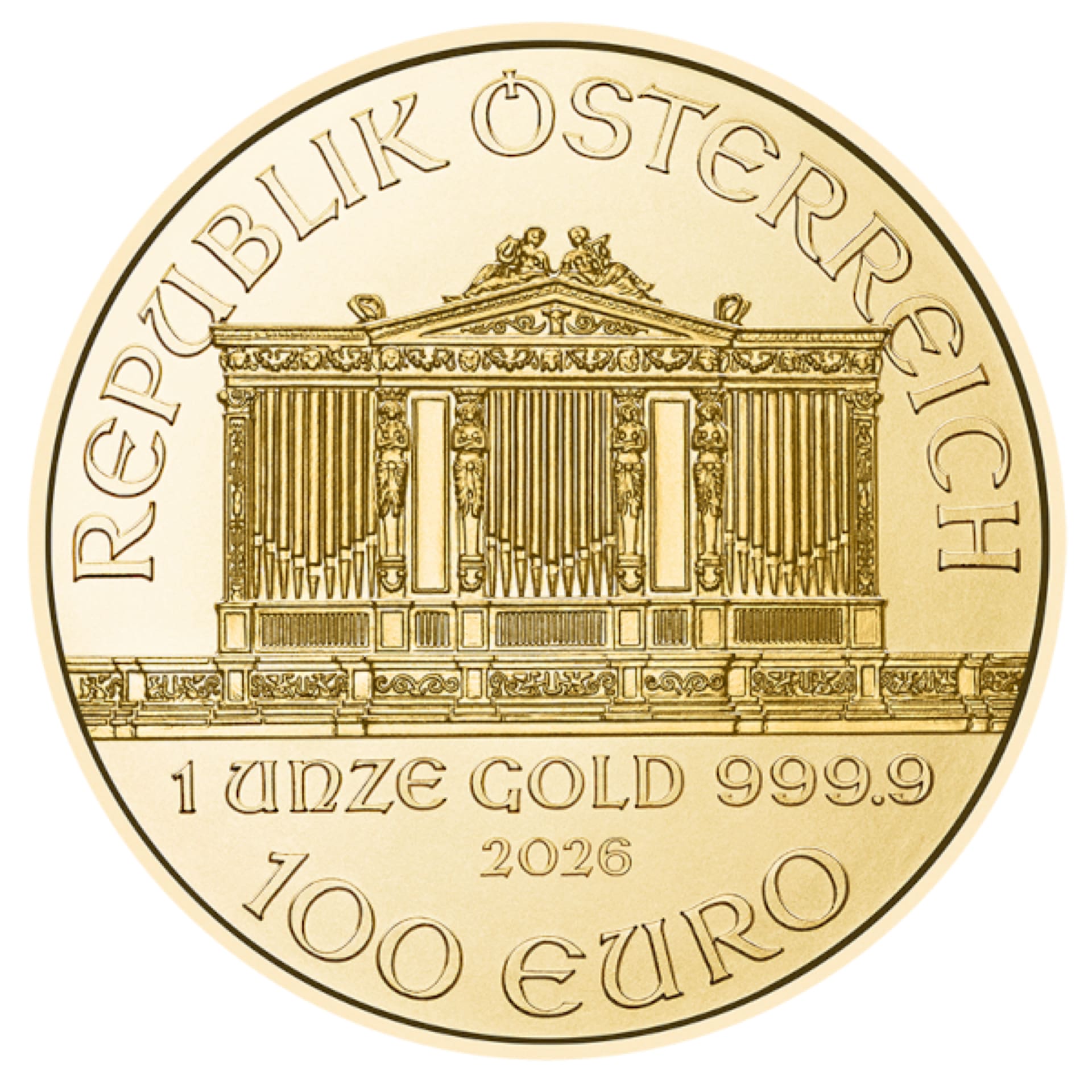 2026 Austrian Gold Philharmonic 1 oz coin obverse showing the Great Organ of the Vienna Musikverein and 100 Euro denomination