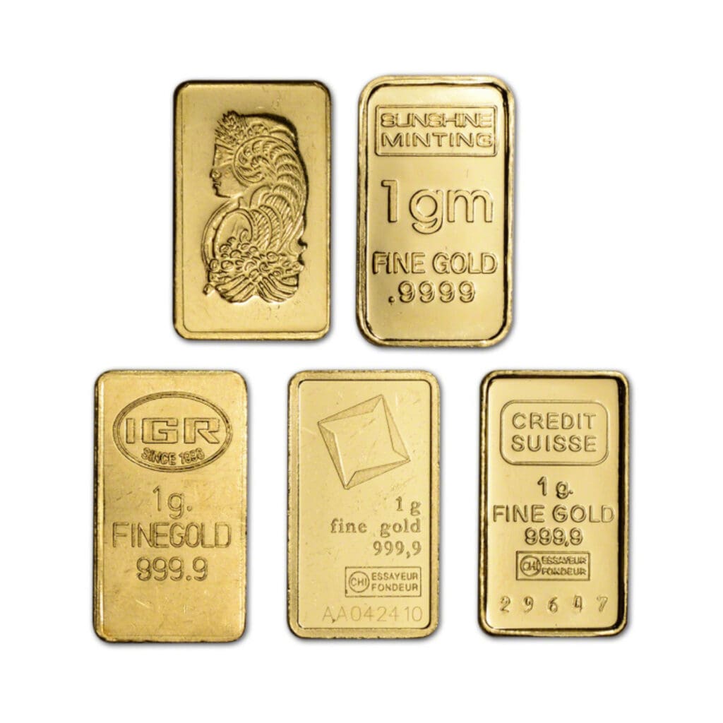 1 Gram Gold Bar front face – .9999 fine gold, varied LBMA-accredited mints, assay sealed