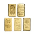 1 Gram Gold Bar front face – .9999 fine gold, varied LBMA-accredited mints, assay sealed