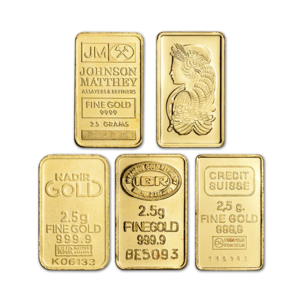2.5 Gram Gold Bar front face – .9999 fine gold from accredited refiners including Credit Suisse, PAMP, Valcambi