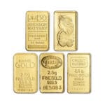 2.5 Gram Gold Bar front face – .9999 fine gold from accredited refiners including Credit Suisse, PAMP, Valcambi