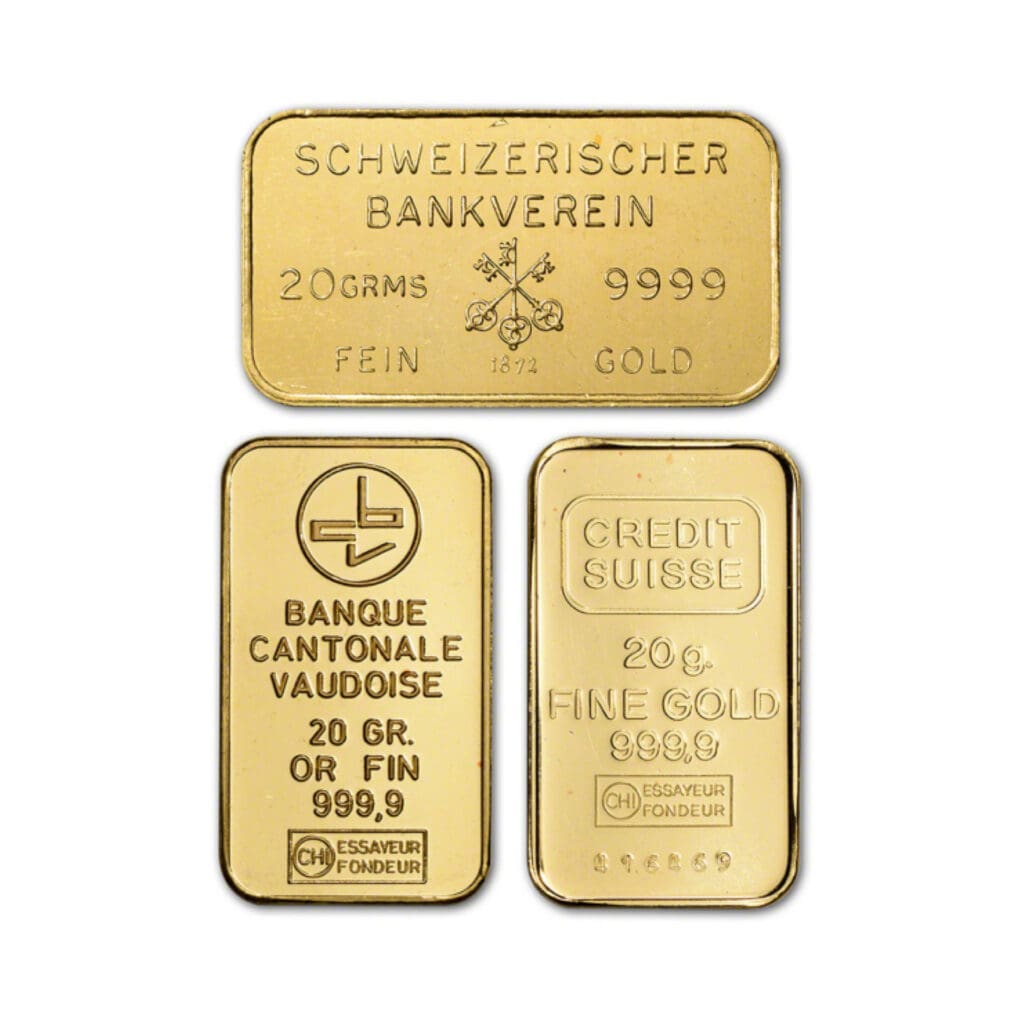 20 Gram Gold Bar front face – .9999 fine gold from varied LBMA mints including Johnson Matthey and Valcambi