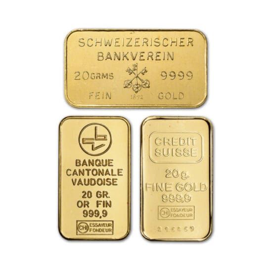 20 Gram Gold Bar front face – .9999 fine gold from varied LBMA mints including Johnson Matthey and Valcambi