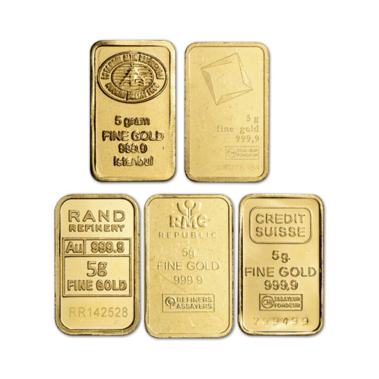 5 Gram Gold Bar front face – .9999 fine gold, LBMA-eligible, varied mints
