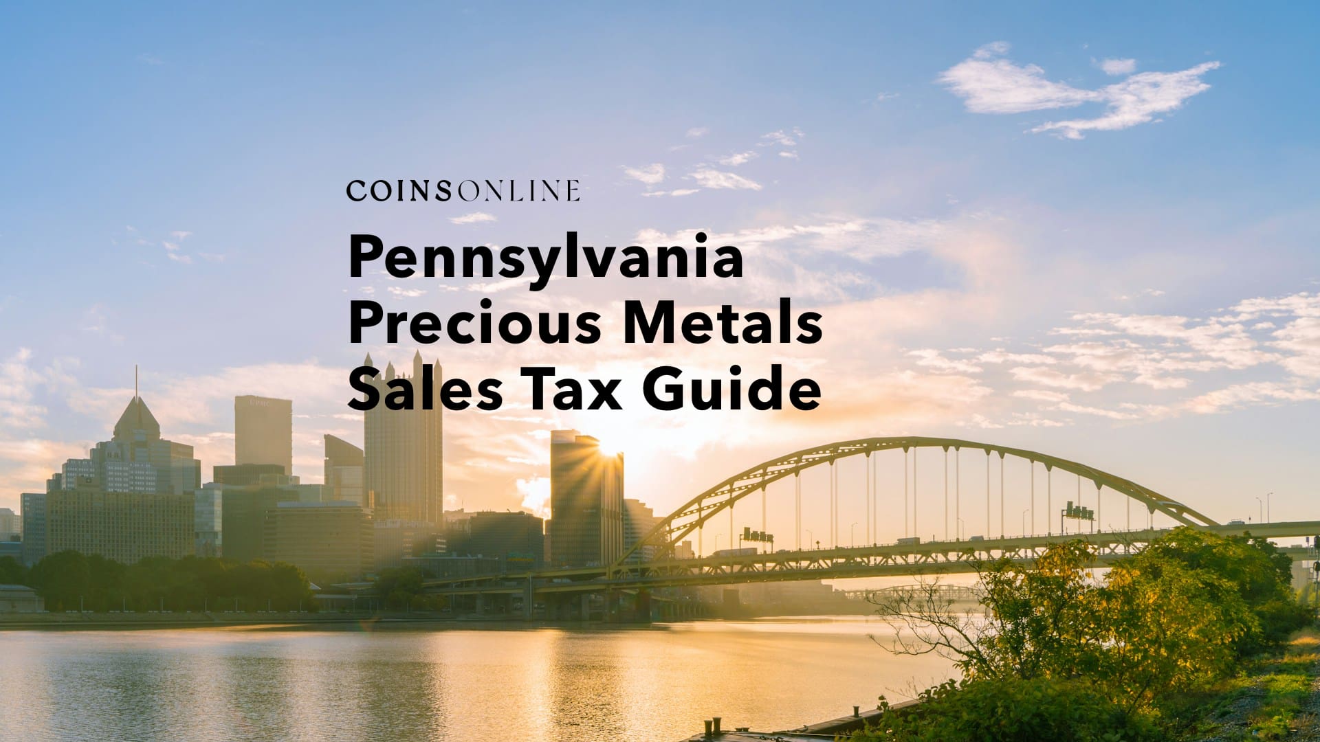 Gold and silver bullion coins beside a Pennsylvania outline, representing the state's precious metals sales tax rules
